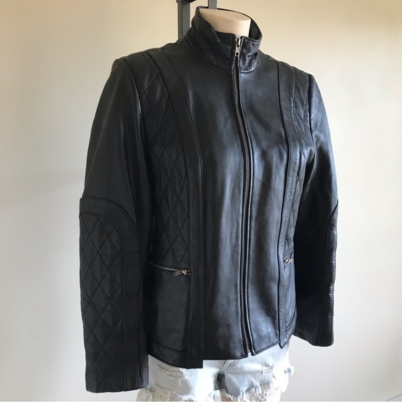 VINTAGE Pamela McCoy genuine black leather biker jacket size MP - Picture 4 of 16